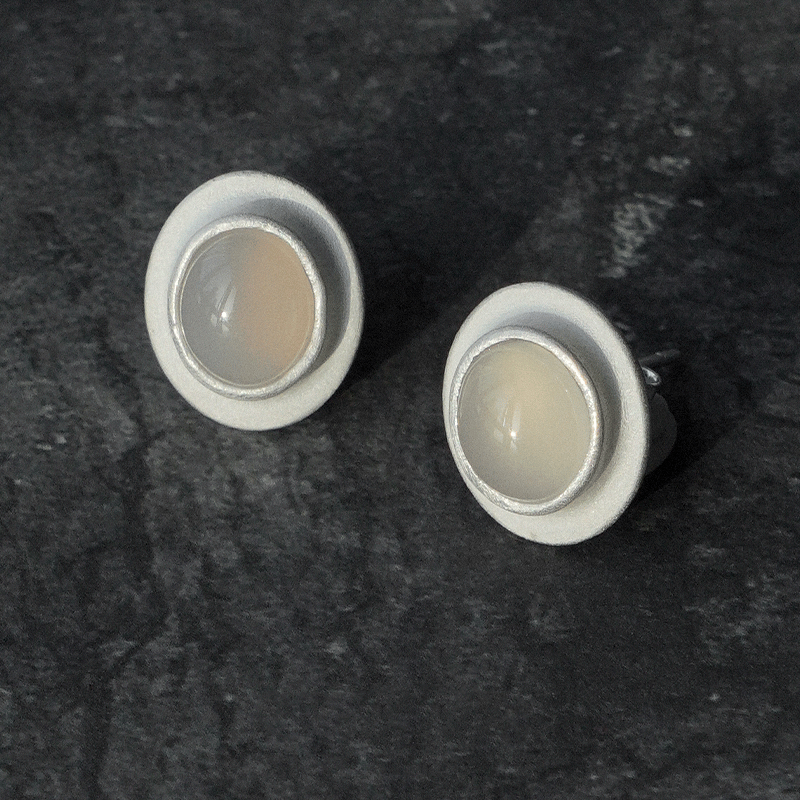 White Agate Silver Stud Earrings